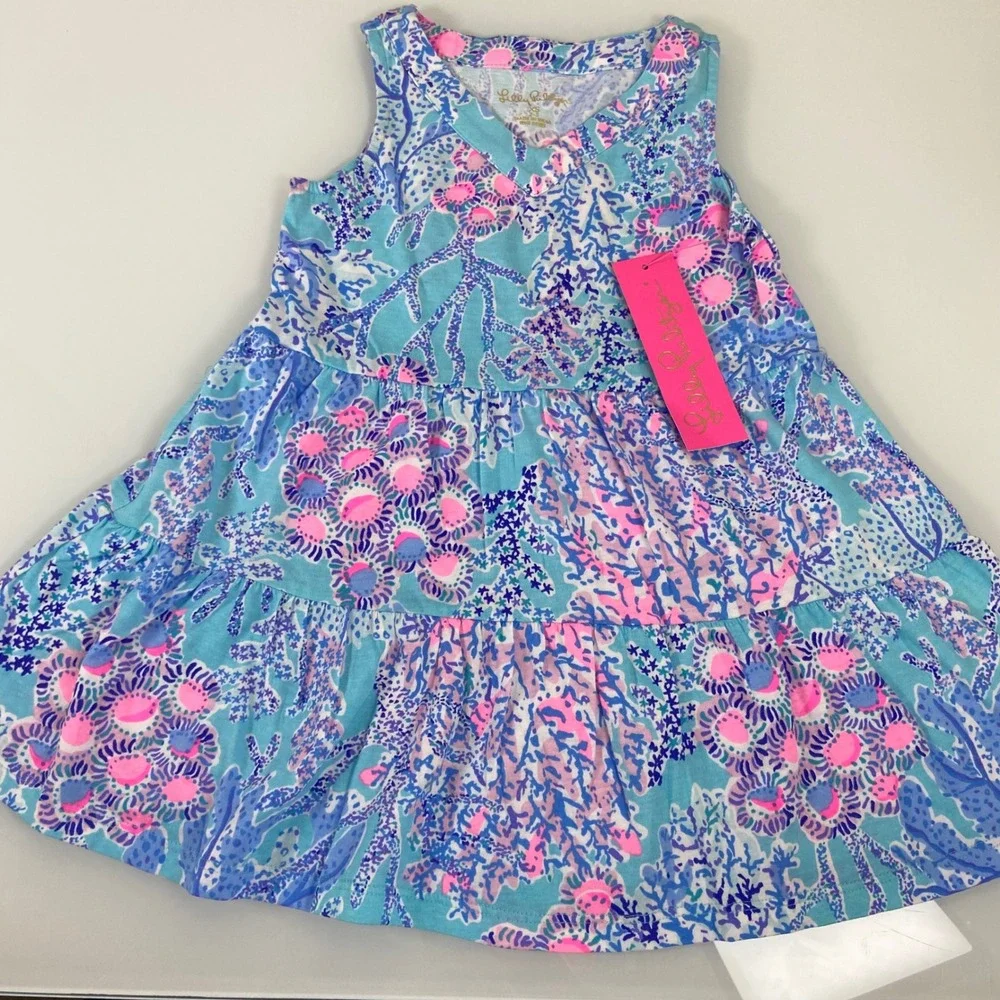 Lilly Pulitzer Girl XS 2/3 Mini Lorina Dress Blue Ibiza Now You Sea Me Coral NEW
